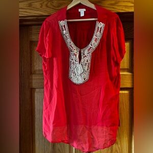 Chico's Vibrant Red Blouse with Silver Detailing
